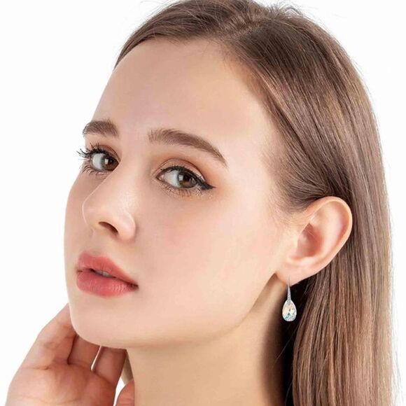 14K White Gold with Iridescent AB Austrian Crystal Teardrop Drop Hook Earrings - Picture 4 of 6